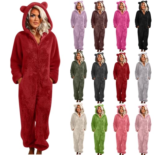 Jumpsuit Damen Winter Kuschelig Einteiler Flauschig Teddy Fleece Overall Warm Plüsch Onesie Große Größe Lang Schlafoverall Pyjama Weich Reißverschluss Ganzkörperanzug Hausanzug mit Bärenohren Kapuze von Komiseup