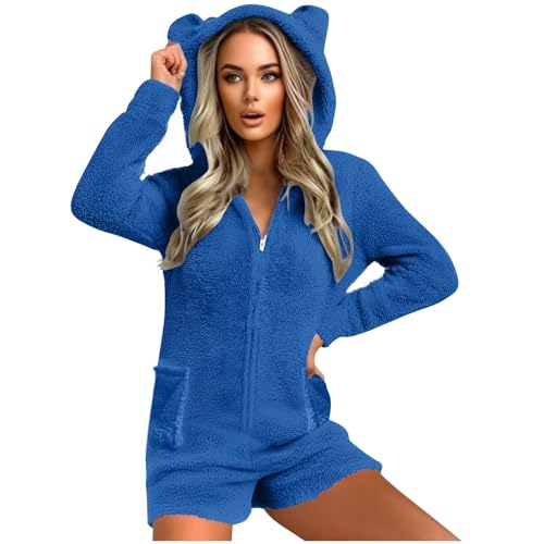 Jumpsuits für Damen Kurz Teddy Fleece Einteiler Dick Plüsch Overall Flauschig Schlafanzug Winter Warm Loungewear Kuschelig Overall Niedliche Hunde-Tatzen-Print Hausanzug Weich Pyjama mit Kapuze von Komiseup