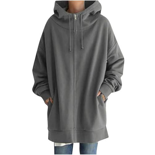 Kapuzenjacke Hoodie Damen Oversize Lang Sweatjacke Mit Kapuze Lose Herbst-Winter Winddicht Warm Mantel Mit ReißVerschluss Outdoor Leichte Fleecejacke mit Taschen Windjacke Kapuzenpullover Strickjacke von Komiseup
