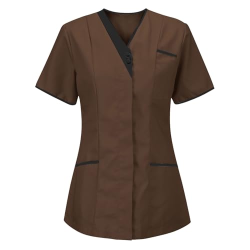 Kasack Damen V-Neck Kurzarm Krankenpfleger Kleidung mit Knöpfen Locker Berufskleidung mit Taschen Atmungsaktiv Pflegebekleidung Solide Uniform Tshirt Schlupfkasack für Altenpflege & Krankenpflege von Komiseup