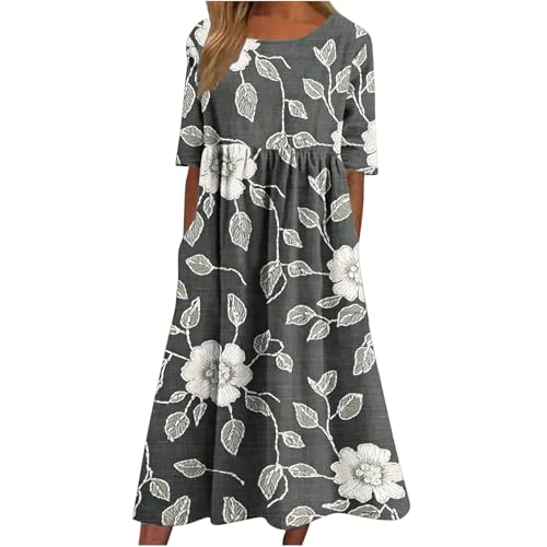 Kleid Damen Sommer Lang Strandkleid Hoher Taille Abendkleid mit Plissee Elegant Floraldruck Cocktailkleid Locker Baumwoll Freizeitkleid mit Taschen Rundhals Kurzarm Shirtkleid Frauen Frühlingskleid von Komiseup