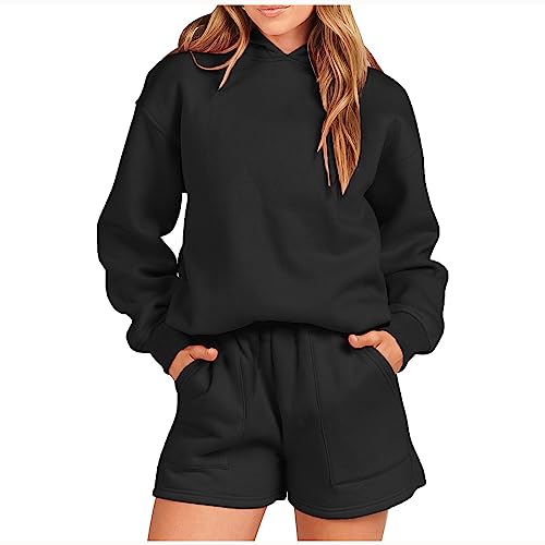 Komiseup 2-teiliges Damen Outfit Traingsanzug Jogginganzug Einfarbig Oversize Kapuzenpullover Lange Ärmel Pullover Sweatshirt + Shorts Sportanzug 2 StückTracksuit Outfit Y2K Kleidung Angebote von Komiseup