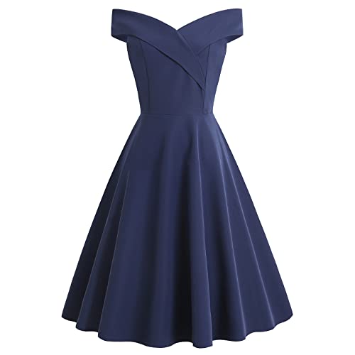 Komiseup Abendkleider Elegant für Hochzeit, Cocktailkleid Damen, Kleider Damen Elegant schulterfrei V-Ausschnitt Vintage Solid Party Swing Lang Abendkleid Brautjungfernkleider Ballkleid Partykleid von Komiseup