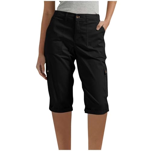 Caprihose Damen Sommer, Arbeitshose Damen Sommer Kurz Jogginghose 1/2 Knielang Cargo Shorts 3/4 Cargohose Einfarbig Caprihose Regular Fit Sommerhose Hohe Taille Elastisch Wanderhose mit Taschen von Komiseup