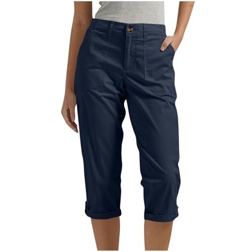 Komiseup Arbeitshose Damen Sommer Kurz Jogginghose 1/2 Knielang Cargo Shorts 3/4 Cargohose Einfarbig Caprihose Regular Fit Sommerhose Hohe Taille Elastisch Wanderhose mit Taschen Outdoor Sporthose von Komiseup