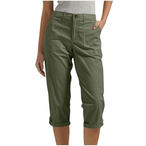 Komiseup Arbeitshose Damen Sommer Kurz Jogginghose 1/2 Knielang Cargo Shorts 3/4 Cargohose Einfarbig Caprihose Regular Fit Sommerhose Hohe Taille Elastisch Wanderhose mit Taschen Outdoor Sporthose von Komiseup