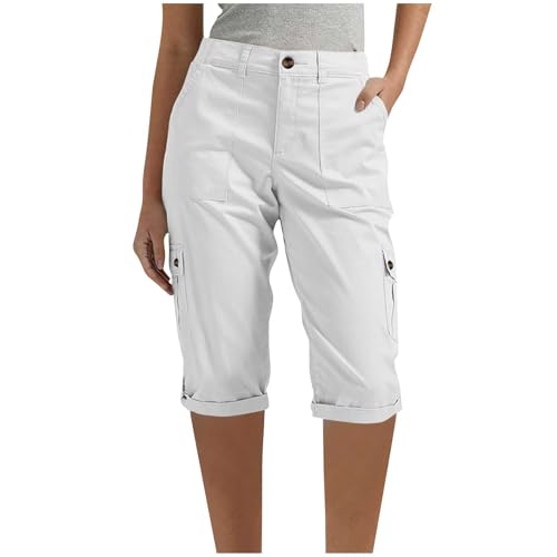 Komiseup Arbeitshose Damen Sommer Kurz Jogginghose 1/2 Knielang Cargo Shorts 3/4 Cargohose Einfarbig Caprihose Regular Fit Sommerhose Hohe Taille Elastisch Wanderhose mit Taschen Outdoor Sporthose von Komiseup