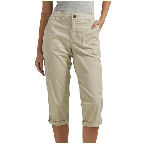 Komiseup Arbeitshose Damen Sommer Kurz Jogginghose 1/2 Knielang Cargo Shorts 3/4 Cargohose Einfarbig Caprihose Regular Fit Sommerhose Hohe Taille Elastisch Wanderhose mit Taschen Outdoor Sporthose von Komiseup