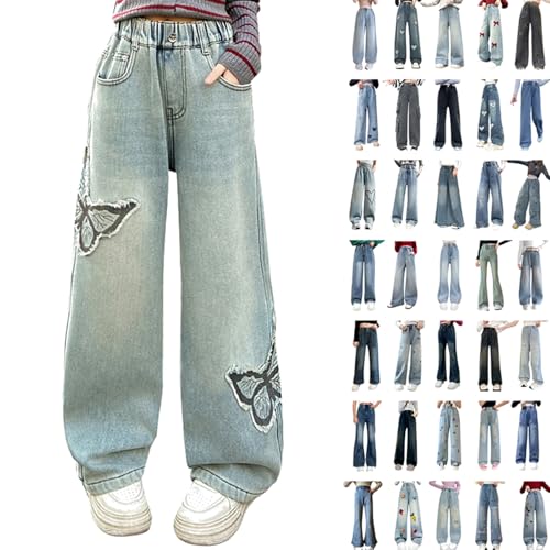 Komiseup Baggy Jeans Mädchen Weites Bein Jeanshose mit Elastische Taille Lange Sporthose mit Taschen Kinder Jeanshosen Teenager Mädchen Y2K Streetwear Jeans Girls Vintage Denim Sommerhose 3-16 Jahre von Komiseup