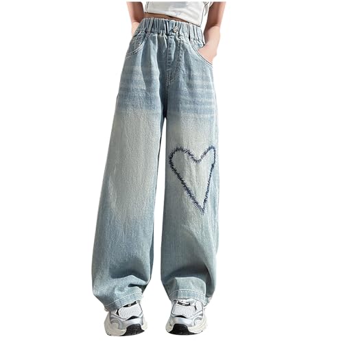 Komiseup Baggy Jeans Mädchen Weites Bein Jeanshose mit Elastische Taille Lange Sporthose mit Taschen Kinder Jeanshosen Teenager Mädchen Y2K Streetwear Jeans Girls Vintage Denim Sommerhose 3-16 Jahre von Komiseup