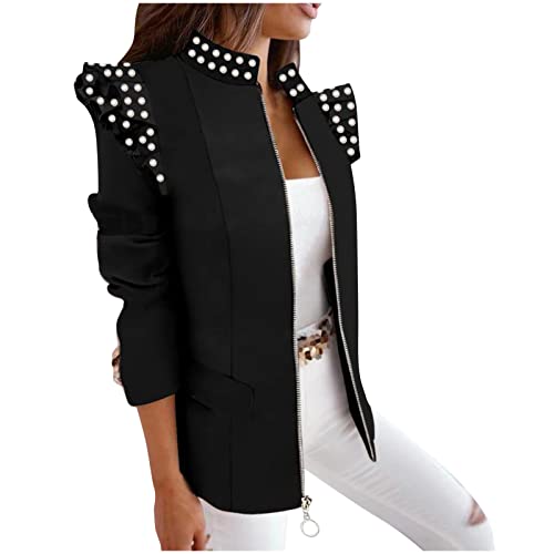 Komiseup Blazer Damen Elegant, Blazer Damen Sportlich, Schwarzer Damen-Blazer mit Stehkragen und Perlen Eleganter Stehschulter-Blazer mit Reißverschluss dünne Anzugjacke für Damen von Komiseup