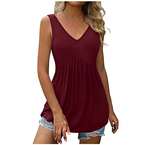 Komiseup Bluse Damen Elegant Sommer Tshirt Tunika Longshirt Sexy Ärmellos Tank Top Lässig V Ausschnitt Oberteile Einfarbig Tops Lose Plissiert Tanktop Hohe Taille Blumen Damenbluse Sommertops von Komiseup