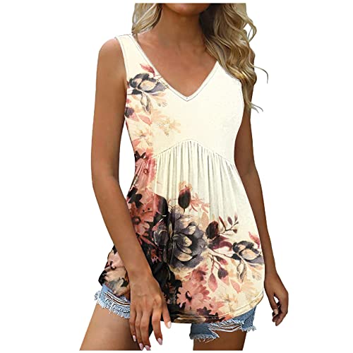 Komiseup Bluse Damen Elegant Sommer Tshirt Tunika Longshirt Sexy Ärmellos Tank Top Lässig V Ausschnitt Oberteile Einfarbig Tops Lose Plissiert Tanktop Hohe Taille Blumen Damenbluse Sommertops von Komiseup