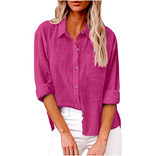 Komiseup Bluse Damen Sommer Baumwolle Leinenbluse Elegant Einfarbig Blusenshirt Revers Einreihiges Leinenhemd Große Größen Kurzarm V-Ausschnitt Longbluse Oversized Blusehemd Lose Oberteile mit Taschen von Komiseup