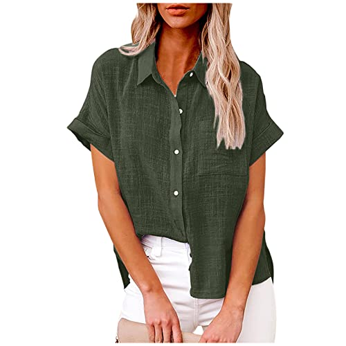 Komiseup Bluse Damen Sommer Baumwolle Leinenbluse Elegant Einfarbig Blusenshirt Revers Einreihiges Leinenhemd Große Größen Kurzarm V-Ausschnitt Longbluse Oversized Blusehemd Lose Oberteile mit Taschen von Komiseup