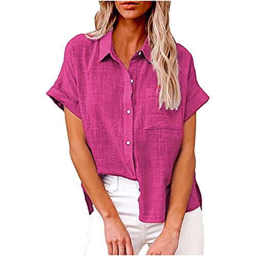 Komiseup Bluse Damen Sommer Baumwolle Leinenbluse Elegant Einfarbig Blusenshirt Revers Einreihiges Leinenhemd Große Größen Kurzarm V-Ausschnitt Longbluse Oversized Blusehemd Lose Oberteile mit Taschen von Komiseup