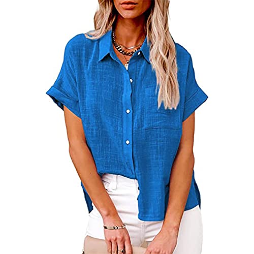 Komiseup Bluse Damen Sommer Baumwolle Leinenbluse Elegant Einfarbig Blusenshirt Revers Einreihiges Leinenhemd Große Größen Kurzarm V-Ausschnitt Longbluse Oversized Blusehemd Lose Oberteile mit Taschen von Komiseup