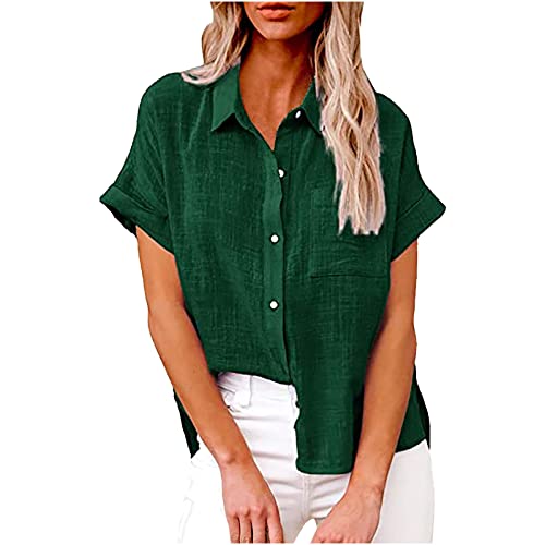 Komiseup Bluse Damen Sommer Baumwolle Leinenbluse Elegant Einfarbig Blusenshirt Revers Einreihiges Leinenhemd Große Größen Kurzarm V-Ausschnitt Longbluse Oversized Blusehemd Lose Oberteile mit Taschen von Komiseup