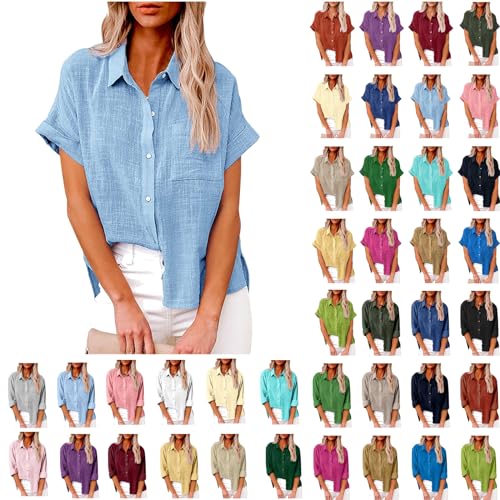 Komiseup Bluse Damen Sommer Baumwolle Leinenbluse Elegant Einfarbig Blusenshirt Revers Einreihiges Leinenhemd Große Größen Kurzarm V-Ausschnitt Longbluse Oversized Blusehemd Lose Oberteile mit Taschen von Komiseup