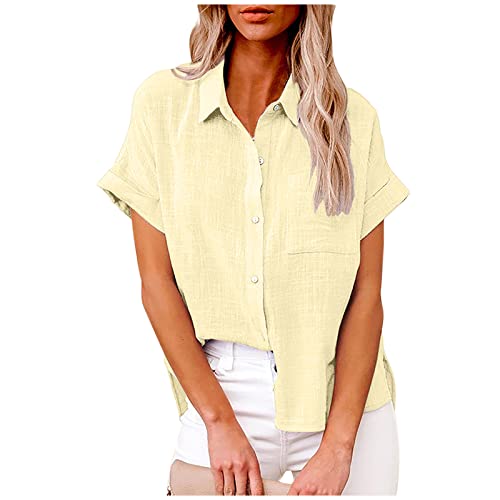 Komiseup Bluse Damen Sommer Baumwolle Leinenbluse Elegant Einfarbig Blusenshirt Revers Einreihiges Leinenhemd Große Größen Kurzarm V-Ausschnitt Longbluse Oversized Blusehemd Lose Oberteile mit Taschen von Komiseup