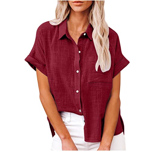 Komiseup Bluse Damen Sommer Baumwolle Leinenbluse Elegant Einfarbig Blusenshirt Revers Einreihiges Leinenhemd Große Größen Kurzarm V-Ausschnitt Longbluse Oversized Blusehemd Lose Oberteile mit Taschen von Komiseup