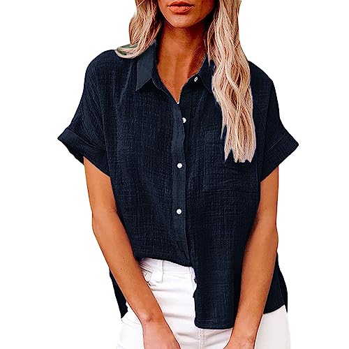 Komiseup Bluse Damen Sommer Baumwolle Leinenbluse Elegant Einfarbig Blusenshirt Revers Einreihiges Leinenhemd Große Größen Kurzarm V-Ausschnitt Longbluse Oversized Blusehemd Lose Oberteile mit Taschen von Komiseup