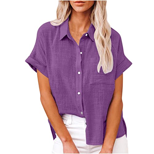 Komiseup Bluse Damen Sommer Baumwolle Leinenbluse Elegant Einfarbig Blusenshirt Revers Einreihiges Leinenhemd Große Größen Kurzarm V-Ausschnitt Longbluse Oversized Blusehemd Lose Oberteile mit Taschen von Komiseup