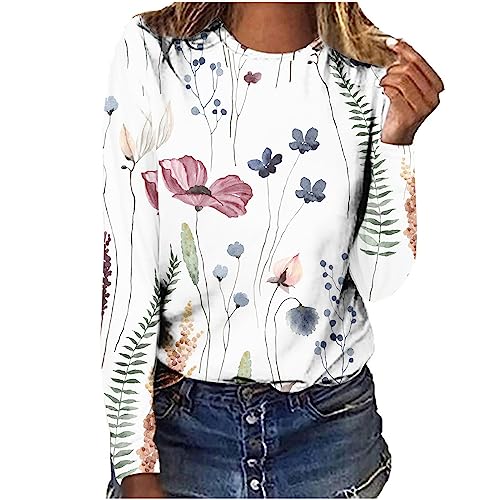 Komiseup Damen Blumen Langarmshirt Vintage Oberteile Lässige Rundhals Pullover Tops Tunika Damen Langarm Blumenmuster Tshirt Locker Bluse Top von Komiseup