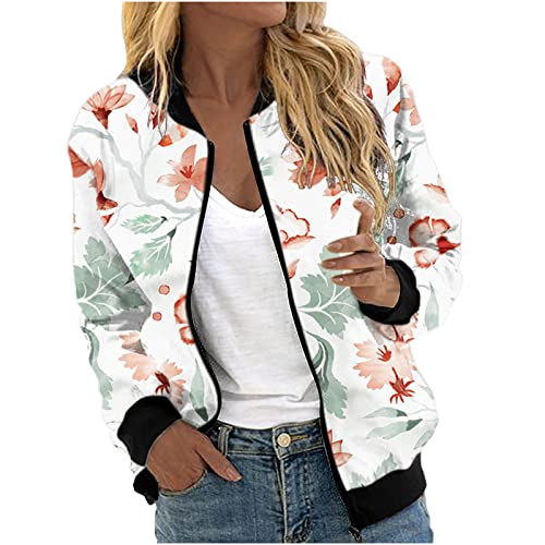 Komiseup Damen Bomberjacke - Casual Leichte Jacke Blumenmuster Langarm Fliegerjacke Reißverschluss Stehkragen Sweatjacke Kurz Coat Mode übergangsjacke Pilotenjacke College Jacket Herbst Frühling von Komiseup