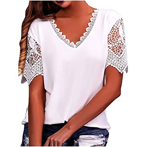 Komiseup Damen Elegante Spitzeneinsatz Blusen Tuniken Einfarbig V-Ausschnitt Bluse Top Sommer Locker Kurzarm Spitzen Tunika Oberteile Shirt Frauen Lässig Pullover Tshirt Business Oberteil S-5XL von Komiseup