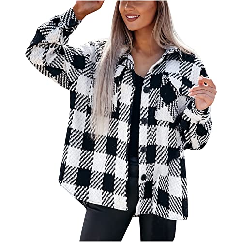 Komiseup Damen Hahnentritt Hemd Jacke Mode Karierte Shirt Mantel Casual Slim Fit Wolljacke Plaid Hemdjacke Übergangsjacke von Komiseup