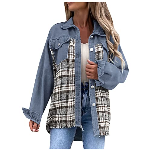 Komiseup Damen Jeansjacke Langarm Karierte Button Down Shirts Shacket Jacke Oversized Denim Mantel Elegant Revers Winterjacke Übergangsjacke von Komiseup