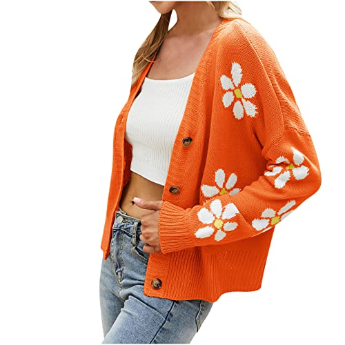 Komiseup Damen Langarm Blumen Muster Cute Pullover Gestrickte Kurz Strickjacke mit Knopfleiste Slim Fit Mantel Jacke Top von Komiseup