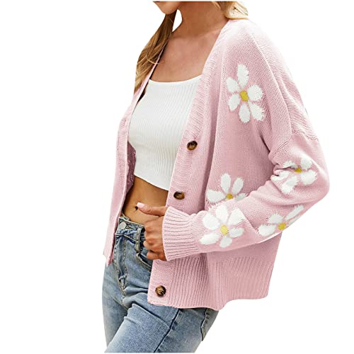 Komiseup Damen Langarm Blumen Muster Cute Pullover Gestrickte Kurz Strickjacke mit Knopfleiste Slim Fit Mantel Jacke Top von Komiseup