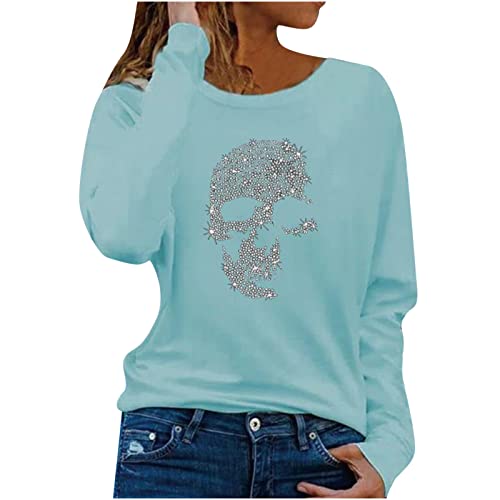 Komiseup Damen Langarmshirt Strass Totenkopf T-Shirts Rundhalsausschnitt Langarm Blusen Damen Eleagnt Herbst Basic Tops Tunika Bluse von Komiseup