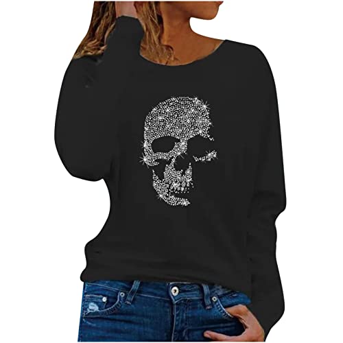 Komiseup Damen Langarmshirt Strass Totenkopf T-Shirts Rundhalsausschnitt Langarm Blusen Damen Eleagnt Herbst Basic Tops Tunika Bluse Komiseup Damen Langarmshirt Strass Totenkopf T-Shirts Rundhalsausschnitt Langarm Blusen Damen Eleagnt Herbst Basic Tops Tunika Bluse von Komiseup