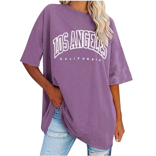 Komiseup Damen Los Angeles Brief T-Shirt Kurzarm Sport Sommer Rundhals Oversize Oberteile mit Buchstaben Druck Lose Bluse Vintage Tunika Lang für Teen Girls Top von Komiseup