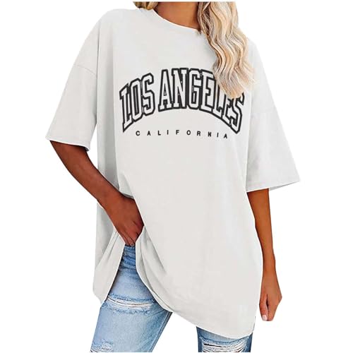 Komiseup Damen Los Angeles Brief T-Shirt Kurzarm Sport Sommer Rundhals Oversize Oberteile mit Buchstaben Druck Lose Bluse Vintage Tunika Lang für Teen Girls Top von Komiseup