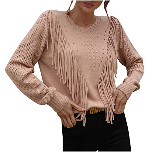 Komiseup Damen Mode Fransen Pullover Lässig Rundhals Solide Strickpullover Slim Fit Warmer Winterpullover von Komiseup