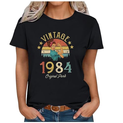 Komiseup Damen Oberteile Sommer Tshirt Kurzarm Bluse mit Rundhalsausschnitt Vintage 1984 Shirt Pullover Teenager Mädchen Pulli Tunika Tops Freizeit T Shirts Longbluse für Frauen 40. Geburtstag von Komiseup