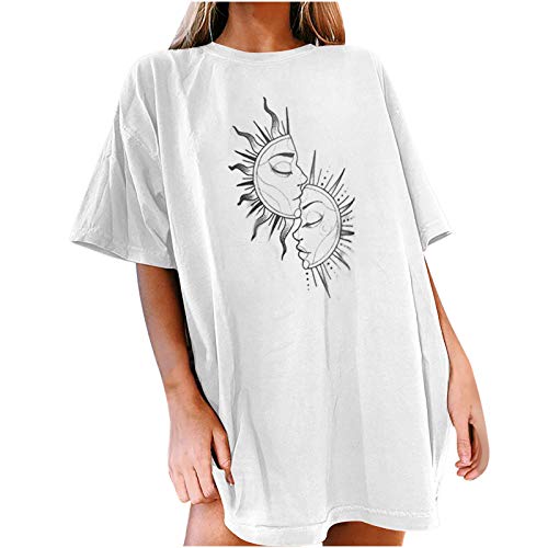 Komiseup Damen Oversized T-Shirt Sommer Kurzarm Vintage Sterne Sonne Mond Print Grafikdruck Shirt Lose Rundhal Oberteile Pullover Sweatshirt für Teenager Mädchen Tunika Tops Lang Sportshirt Streetwear von Komiseup