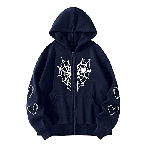 Komiseup Damen Oversized Y2K Jacke Zip Up Hoodies Herz Spinnennetz Druck Grafik Harajuku für Paare Sweatshirt Vintage Kapuzenjacke Teen-Mädchen Gothic Sweatjacke mit Kapuze 90er E-Girl Top von Komiseup