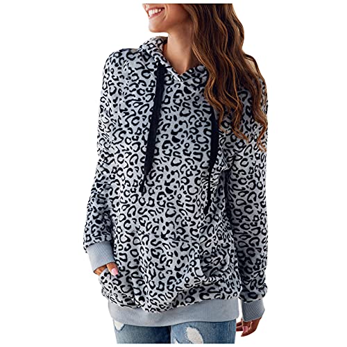 Komiseup Damen Pullover Hoodie Trendiges Leopard Muster Locker Kapuzenpullover Leicht Fleece Sweatshirt mit Kapuze Herbst Winter Basic Flanell Kapuzenpulli mit Tunnelzug und Tasche von Komiseup