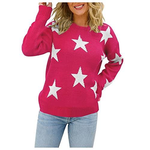 Komiseup Damen Pullover Langarm Freizeit Stern Motiv Strickpullover Oberteil Pullover Damen Elegant Rundhals Lose Sweatshirt Pulli Herbst Winter Warm Sweater Jumper Tunika Tops von Komiseup