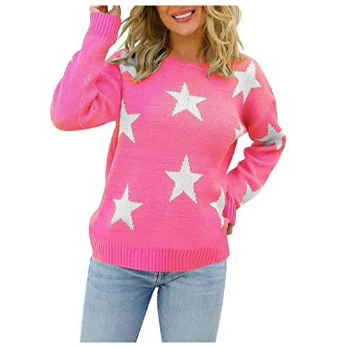 Komiseup Damen Pullover Langarm Freizeit Stern Motiv Strickpullover Oberteil Pullover Damen Elegant Rundhals Lose Sweatshirt Pulli Herbst Winter Warm Sweater Jumper Tunika Tops von Komiseup