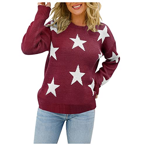 Komiseup Damen Pullover Langarm Freizeit Stern Motiv Strickpullover Oberteil Pullover Damen Elegant Rundhals Lose Sweatshirt Pulli Herbst Winter Warm Sweater Jumper Tunika Tops von Komiseup