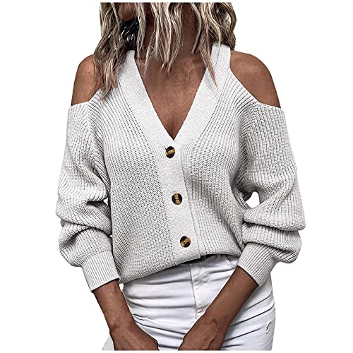 Komiseup Damen Schulterfrei Hemd Pullover Langarm Strickpullover Oberteil Pullover Damen Elegant V-Ausschnitt Sweatshirt Pulli Herbst Winter Warm Sweater Jumper Tunika Tops von Komiseup