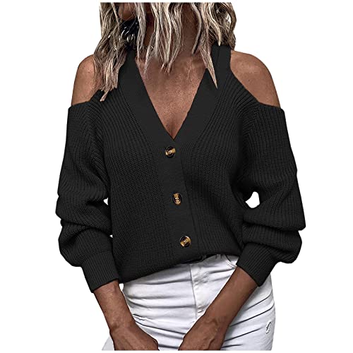 Komiseup Damen Schulterfrei Hemd Pullover Langarm Strickpullover Oberteil Pullover Damen Elegant V-Ausschnitt Sweatshirt Pulli Herbst Winter Warm Sweater Jumper Tunika Tops von Komiseup