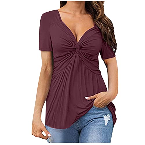 Komiseup Damen Sexy V-Ausschnitt Bluse Oberteil Slim Fit Chest-Kink Top Einfarbig Business Oberteile Frauen Lässig Kurzarm Sommer Tunika A-Linien Blusenshirt von Komiseup