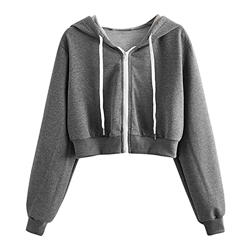 Komiseup Damen Sweatjacke Bauchfrei Kapuzenpullover Kurz Hoodie Sweatshirt Crop Pullover Kapuzenjacke Cropped Jacke mit Kordelzug und Reißverschluss von Komiseup